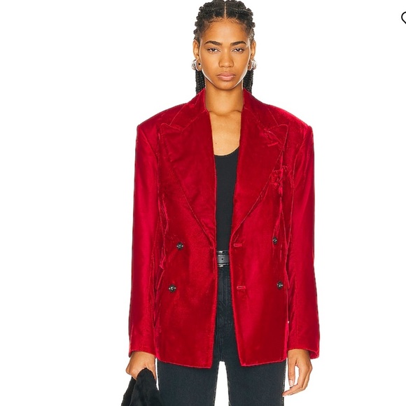 NWT R13 Peak Lapel Ragged Double- Breasted Blazer in Red Velvet Size XS - Picture 1 of 16